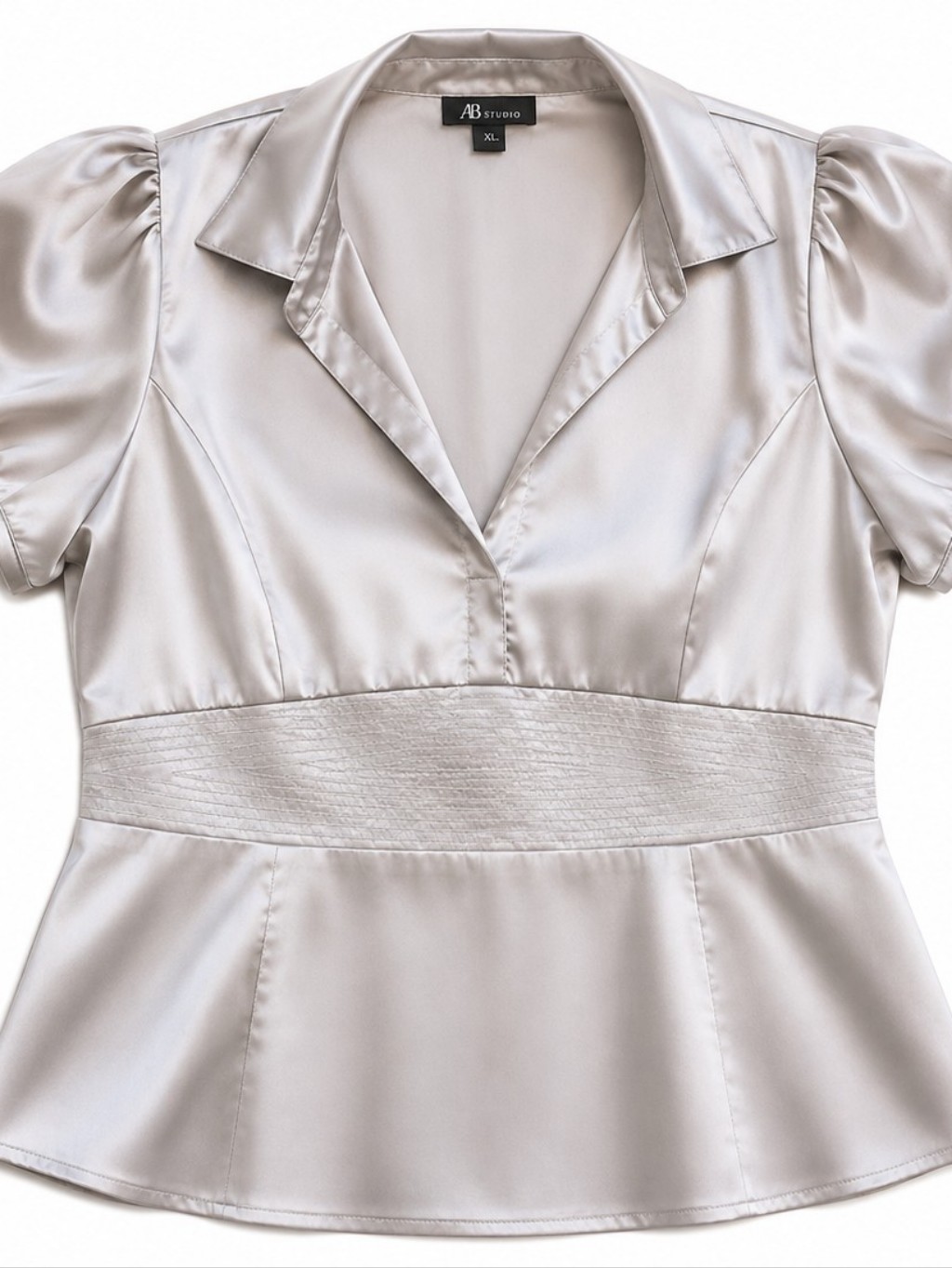 Ab Studio Silver Satin Empire Waist Puff Sleeve Blouse Xl Vintage — image 3 of 6
